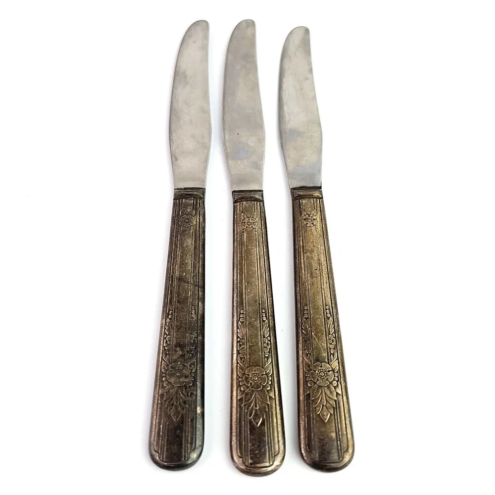 Vintage Silverplate Knife Set of 3 Elegant Floral Leaf Vertical Lines